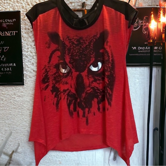Tops - NWOT Red and Black Owl Top W/Sheer Tie Back